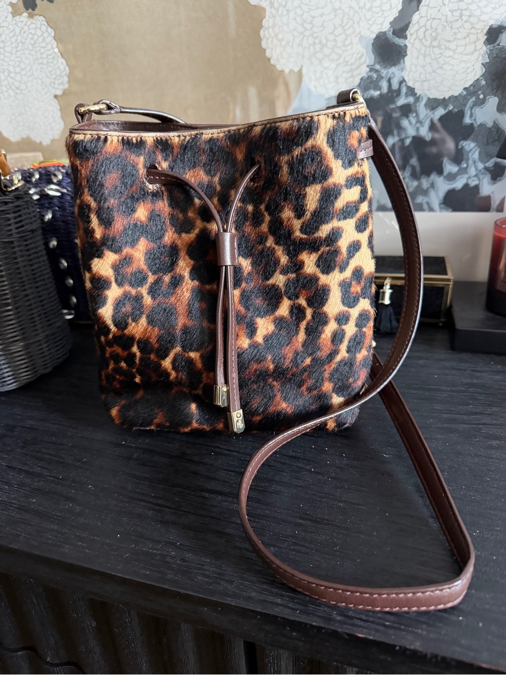 Ralph Lauren Leopard Debby Drawstring Bag Brown Black Gold Hardware - Picture 2 of 10